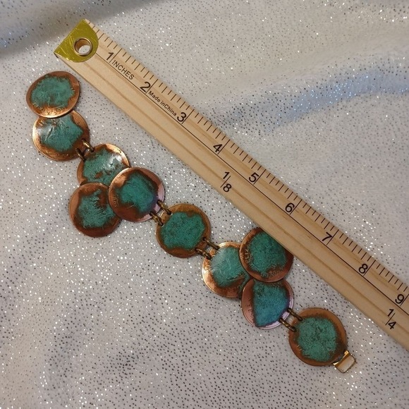 Bracelet Statement Oxidized Copper Turquoise Tone Coin Faux Bold 9" Boho Western - Picture 7 of 15